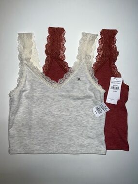 AEO Lace Trim Ribbed Tank Tops - Cream & Rust